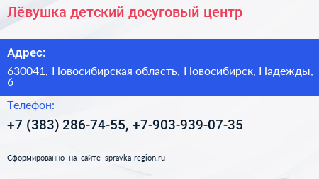 Лёвушка детский досуговый центр - визитка
