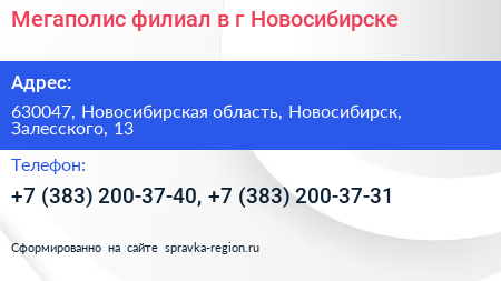 Мегаполис филиал в г Новосибирске - визитка