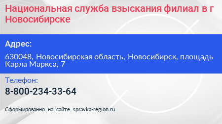 Национальная служба взыскания филиал в г Новосибирске - визитка