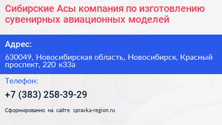 Сибирские Асы компания по изготовлению сувенирных авиационных моделей - визитка