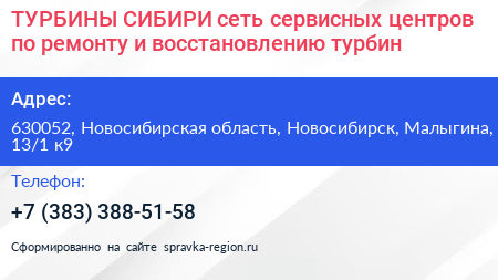 ТУРБИНЫ СИБИРИ сеть сервисных центров по ремонту и восстановлению турбин - визитка