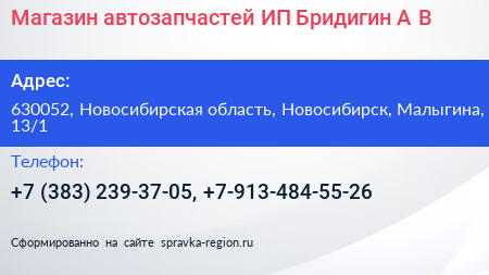 Магазин автозапчастей ИП Бридигин А В  - визитка