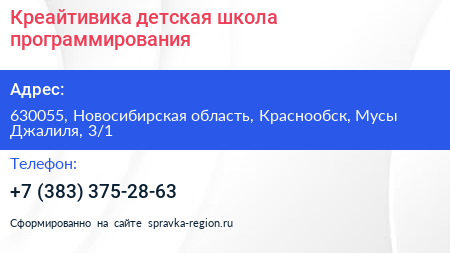 Креайтивика детская школа программирования - визитка
