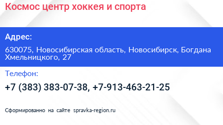 Космос центр хоккея и спорта - визитка