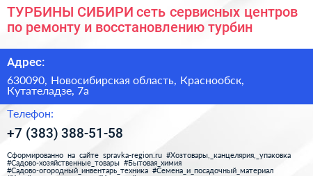 ТУРБИНЫ СИБИРИ сеть сервисных центров по ремонту и восстановлению турбин - визитка