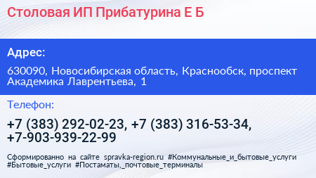 Столовая ИП Прибатурина Е Б  - визитка