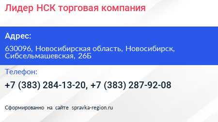 Лидер НСК торговая компания - визитка