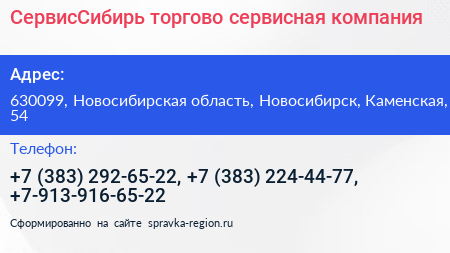 СервисСибирь торгово сервисная компания - визитка