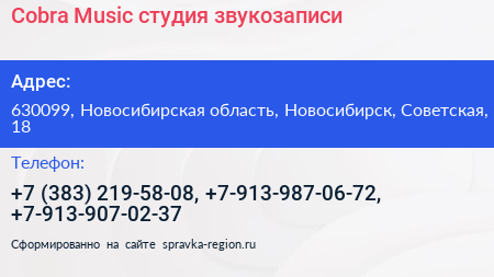 Cobra Music студия звукозаписи - визитка