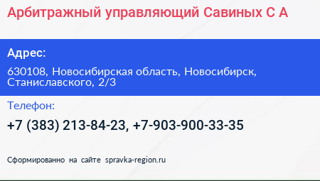 Арбитражный управляющий Савиных С А  - визитка