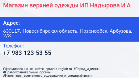 Магазин верхней одежды ИП Надырова И А  - визитка