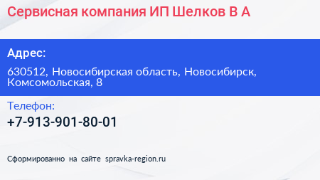 Сервисная компания ИП Шелков В А  - визитка