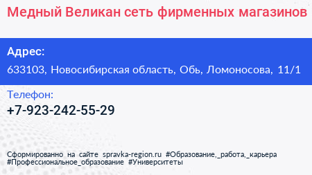 Медный Великан сеть фирменных магазинов - визитка
