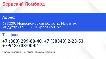 Бердский Ломбард - визитка
