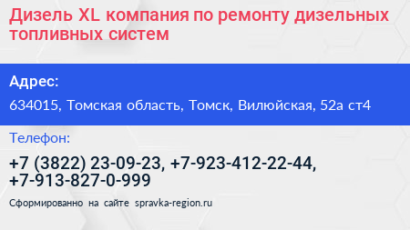 Дизель XL компания по ремонту дизельных топливных систем - визитка
