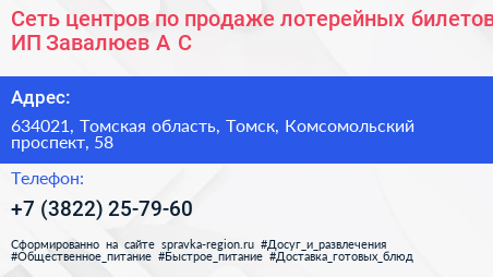 Сеть центров по продаже лотерейных билетов ИП Завалюев А С  - визитка