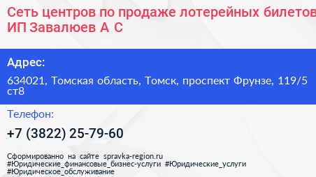 Сеть центров по продаже лотерейных билетов ИП Завалюев А С  - визитка