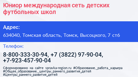Юниор международная сеть детских футбольных школ - визитка