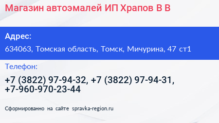 Магазин автоэмалей ИП Храпов В В  - визитка