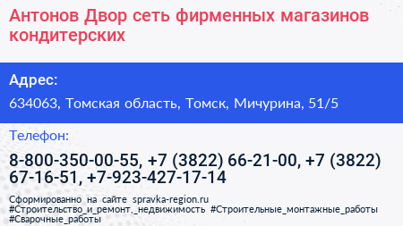 Антонов Двор сеть фирменных магазинов кондитерских - визитка