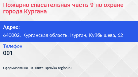 Пожарно спасательная часть 9 по охране города Кургана - визитка