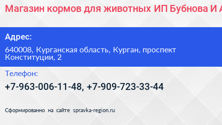 Магазин кормов для животных ИП Бубнова И А  - визитка