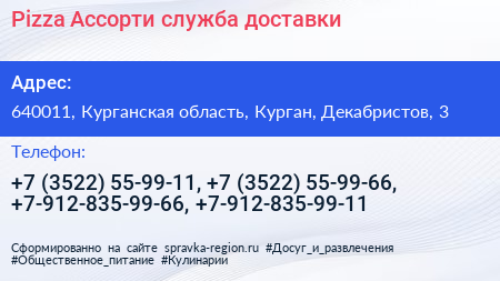 Pizza Ассорти служба доставки - визитка