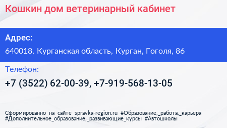 Кошкин дом ветеринарный кабинет - визитка