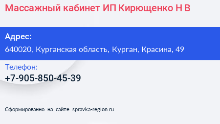 Массажный кабинет ИП Кирющенко Н В  - визитка