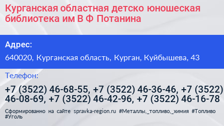 Курганская областная детско юношеская библиотека им В Ф Потанина - визитка