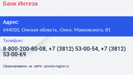 Банк Интеза - визитка