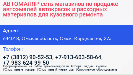 АВТОМАЛЯР сеть магазинов по продаже автоэмалей автокрасок и расходных материалов для кузовного ремонта - визитка