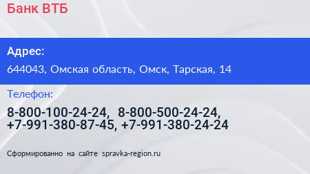Банк ВТБ - визитка