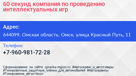60 секунд компания по проведению интеллектуальных игр - визитка