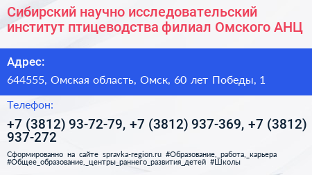 Сибирский научно исследовательский институт птицеводства филиал Омского АНЦ - визитка