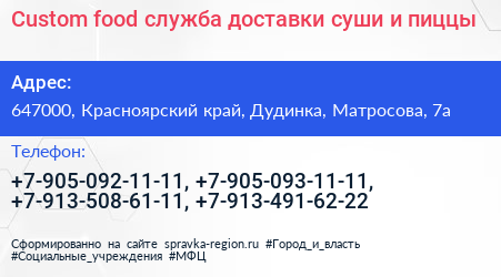 Custom food служба доставки суши и пиццы - визитка