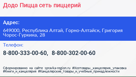 Додо Пицца сеть пиццерий - визитка