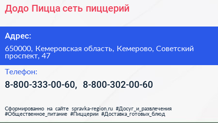 Додо Пицца сеть пиццерий - визитка