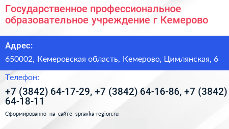 Государственное профессиональное образовательное учреждение г Кемерово - визитка