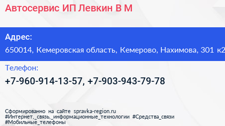 Автосервис ИП Левкин В М  - визитка