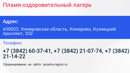 Пламя оздоровительный лагерь - визитка