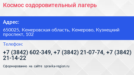Космос оздоровительный лагерь - визитка