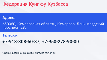 Федерация Кунг фу Кузбасса - визитка