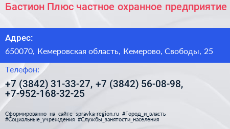Бастион Плюс частное охранное предприятие - визитка