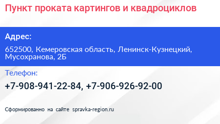 Пункт проката картингов и квадроциклов - визитка