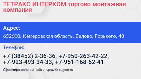ТЕТРАКС ИНТЕРКОМ торгово монтажная компания - визитка