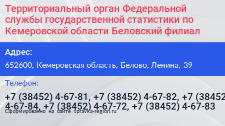 Территориальный орган Федеральной службы государственной статистики по Кемеровской области Беловский филиал - визитка