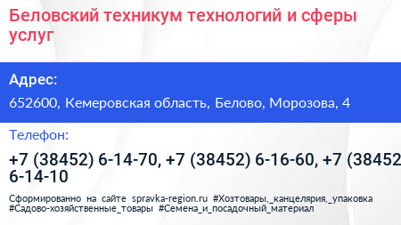 Беловский техникум технологий и сферы услуг - визитка