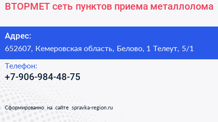 ВТОРМЕТ сеть пунктов приема металлолома - визитка