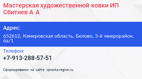 Мастерская художественной ковки ИП Сбитнев А А  - визитка